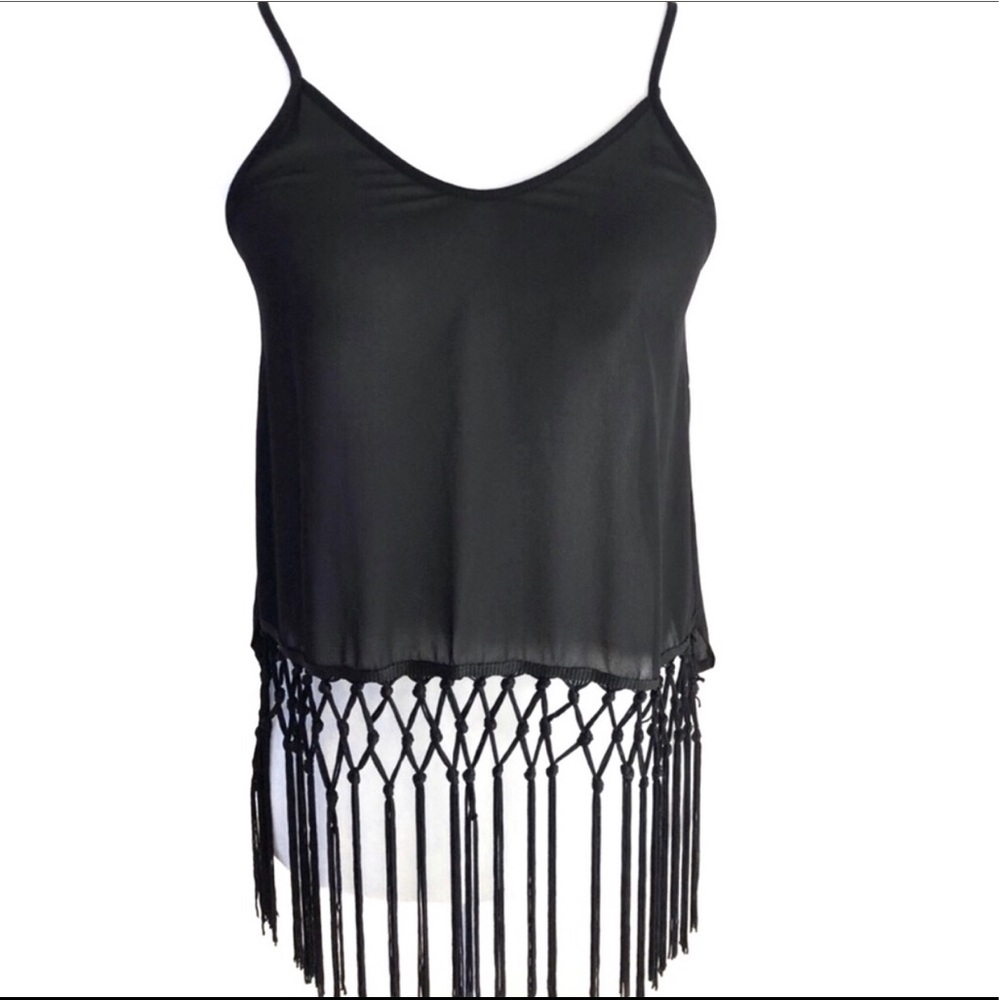 LUSH black sheer lace fringe tassel camisole